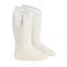 Side openwork warm cotton knee socks with bow CREAM