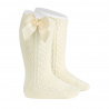 Side openwork warm cotton knee socks with bow BEIGE