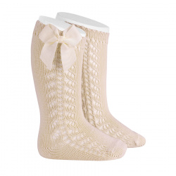 Side openwork warm cotton knee socks with bow LINEN