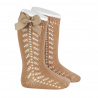 Side openwork warm cotton knee socks with bow CAMEL