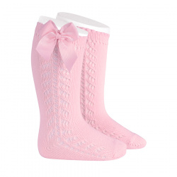 Side openwork warm cotton knee socks with bow PINK