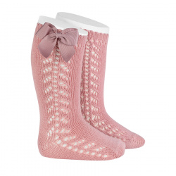 Side openwork warm cotton knee socks with bow PALE PINK