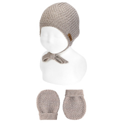 Merino blend set small relief hat and mittens OATMEAL