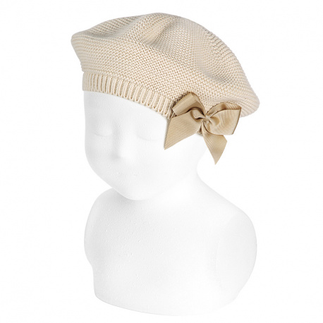 Garter stitch beret with grossgrain bow LINEN