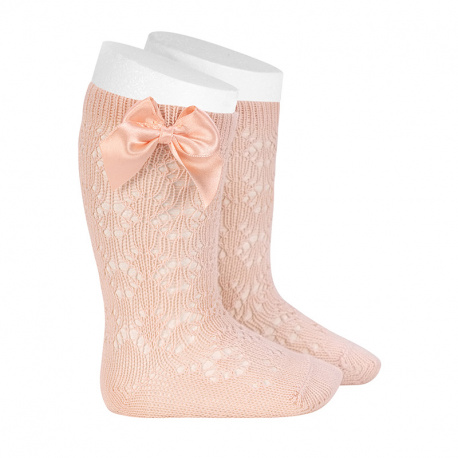 Perle geometric openwork knee high sockswith bow NUDE