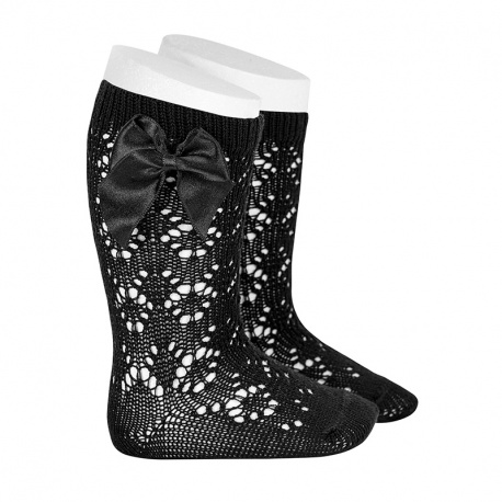 Perle geometric openwork knee high sockswith bow BLACK