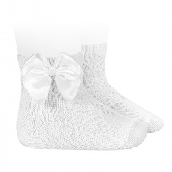 Perle geometric openwork short socks satin bow WHITE