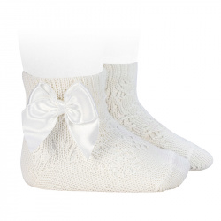 Perle geometric openwork short socks satin bow CREAM