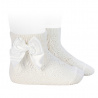 Perle geometric openwork short socks satin bow CREAM