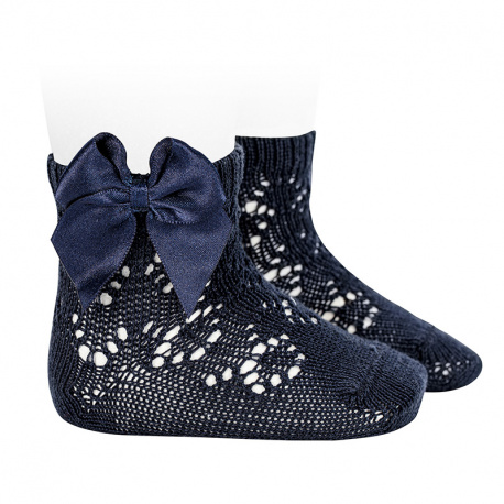 Perle geometric openwork short socks satin bow NAVY BLUE