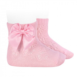 Perle geometric openwork short socks satin bow PINK