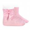 Perle geometric openwork short socks satin bow PINK