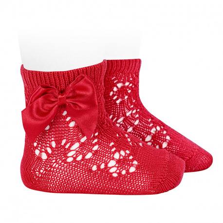 Perle geometric openwork short socks satin bow RED