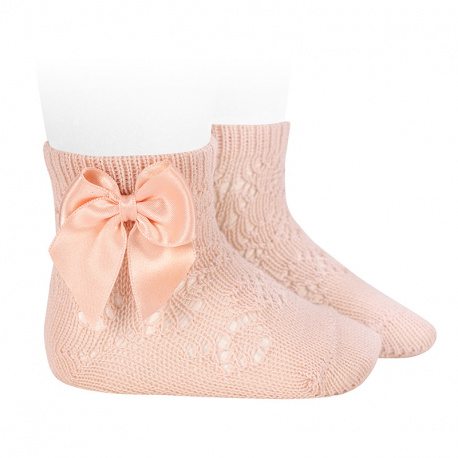 Perle geometric openwork short socks satin bow NUDE