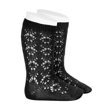 Perle geometric openwork knee high socks BLACK