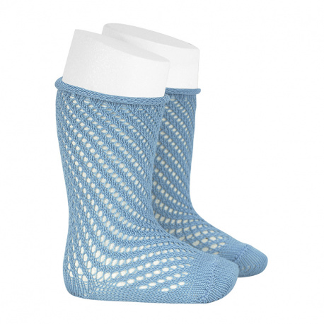 Net openwork perle knee high socks w/rolled cuff BLUISH