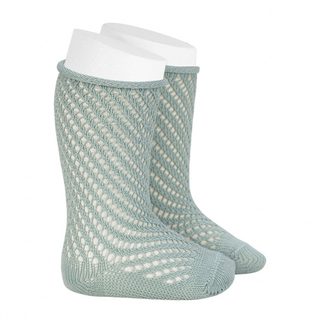 Net openwork perle knee high socks w/rolled cuff SEA MIST