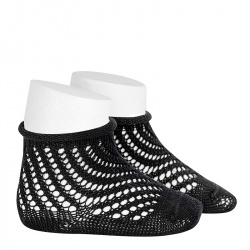 Net openwork perle short socks with rolled cuff BLACK