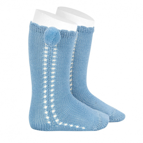 Side openwork perle knee high socks withpompom BLUISH