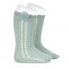 Side openwork perle knee high socks withpompom SEA MIST