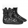 Perle geometric openwork short socks satin bow BLACK