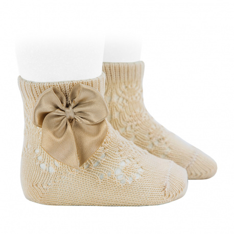 Perle geometric openwork short socks satin bow LINEN