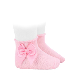 Chaussons bébé perle avec noeud satin et roulé ROSE