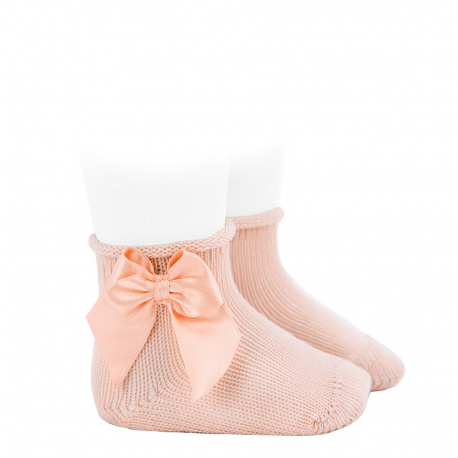 Chaussons bébé perle avec noeud satin et roulé NUDE