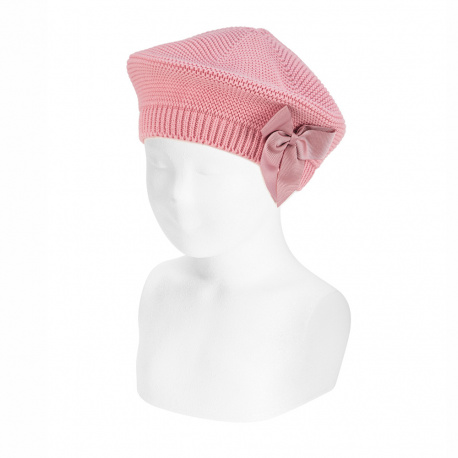 Garter stitch beret with grossgrain bow PALE PINK