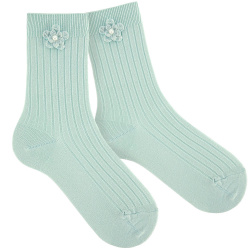 Ribbed socks with matching flower application SEA MIST