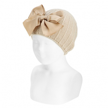 Garter stitch knit hat with giant bow LINEN