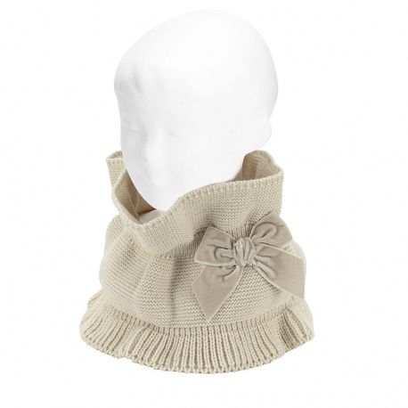 Garter stitch snood scarf with big velvet bow LINEN