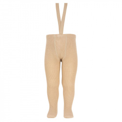 Merino wool-blend 1x1 tights w/elastic suspenders BEIGE