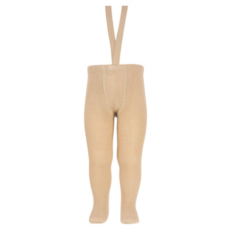 Merino wool-blend 1x1 tights w/elastic suspenders BEIGE