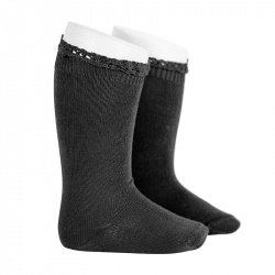 Knee socks with lace edging cuff BLACK
