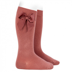 Cotton knee socks with side grosgrain bow TERRACOTA
