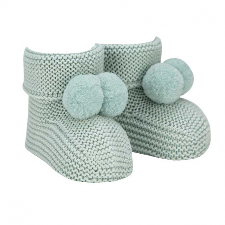 Garter stitch baby booties with pompoms SEA MIST
