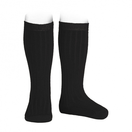 Calcetines altos canalé mezcla lana merino NEGRO