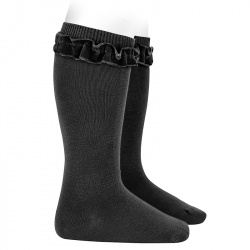 Knee socks with velvet ruffle cuff BLACK
