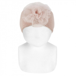 Garter stitch headband with tulle flower OLD ROSE