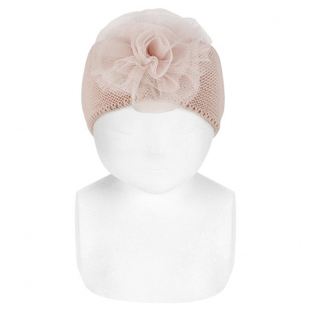 Garter stitch headband with tulle flower OLD ROSE