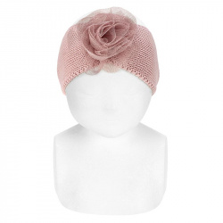 Garter stitch headband with tulle flower PALE PINK