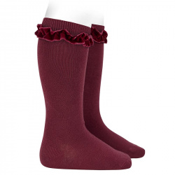 Knee socks with velvet ruffle cuff GARNET