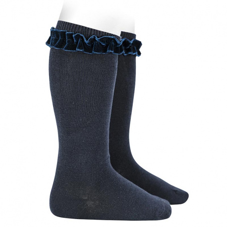 Knee socks with velvet ruffle cuff NAVY BLUE