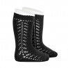 Warm cotton knee socks with side openwork BLACK