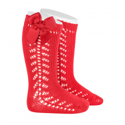 Side openwork warm cotton knee socks with bow RED