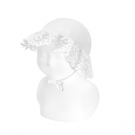 Garter stitch pamela hat with lace WHITE
