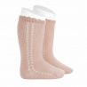 Side openwork perle knee high socks NUDE