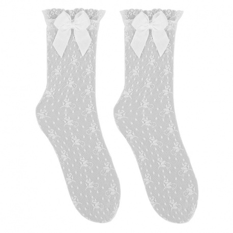 Chaussettes hautes blonde, dentelle et noeud BLANC