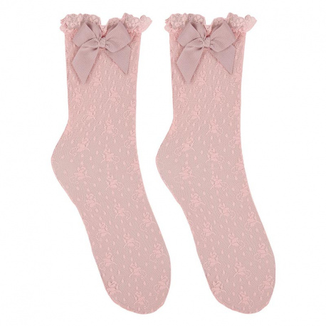 Ceremony silk lace knee high tights withbow PALE PINK
